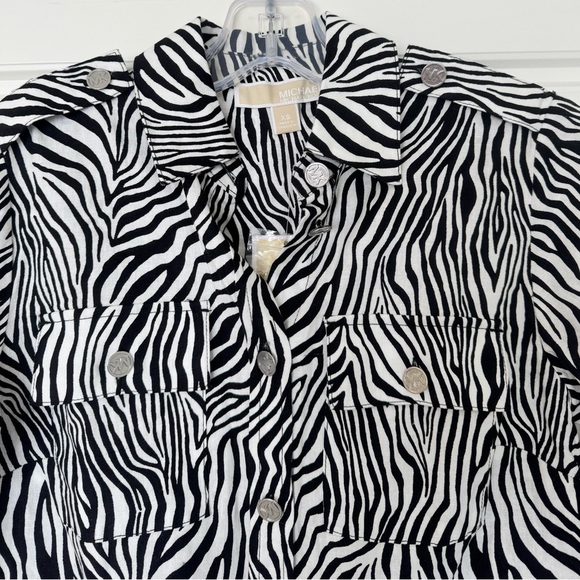 Michael Kors Womens Zebra Print Tunic Top XS Black Button Down Linen Blend NWT - Picture 6 of 14
